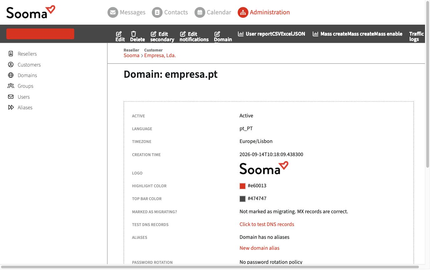 A domain's page in the administration console