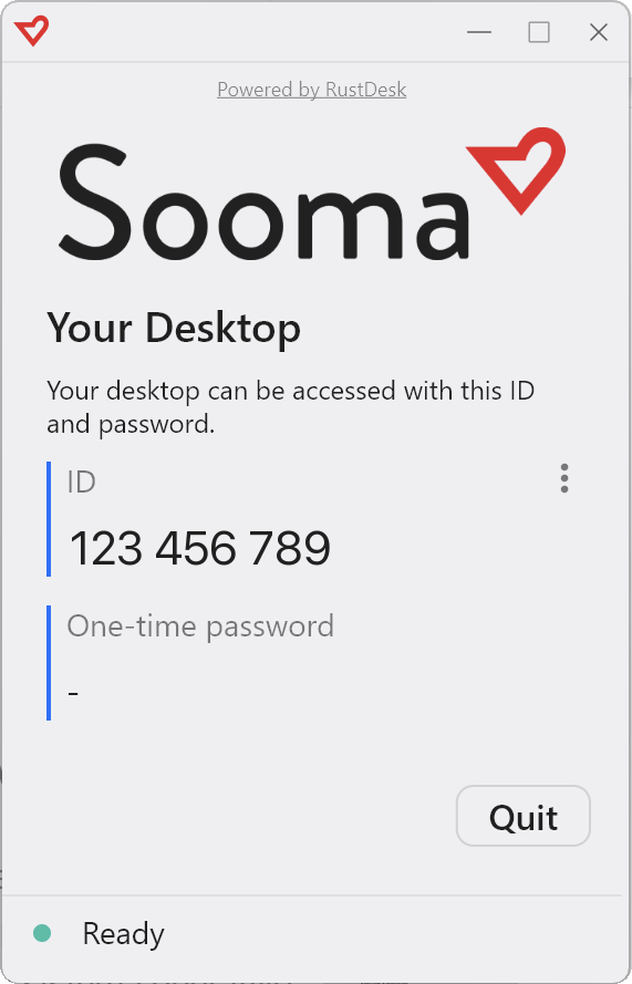 Sooma Remote Support application window on Windows, showing the ID