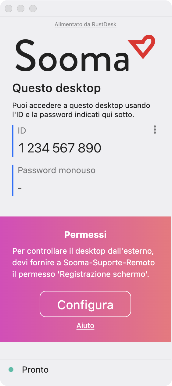 Finestra dell'applicazione su macOS, con l'avviso Permessi