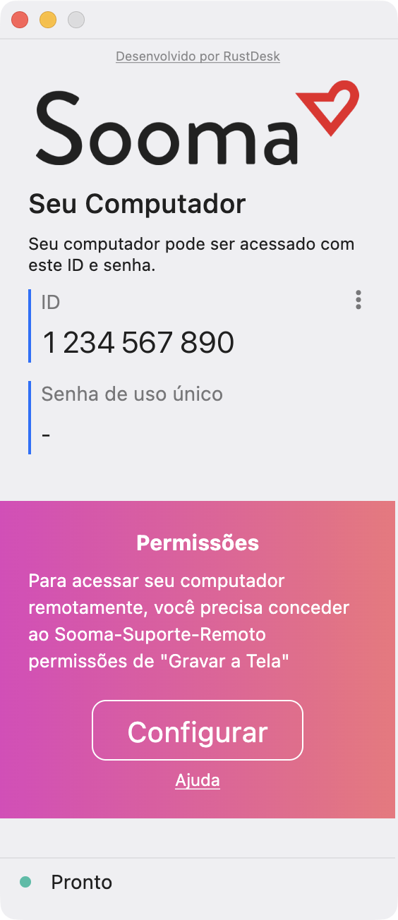 Janela da aplicação no macOS, com o aviso Permissões