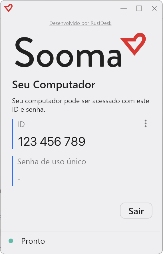 Janela da aplicação Sooma Suporte Remoto no Windows, com o ID