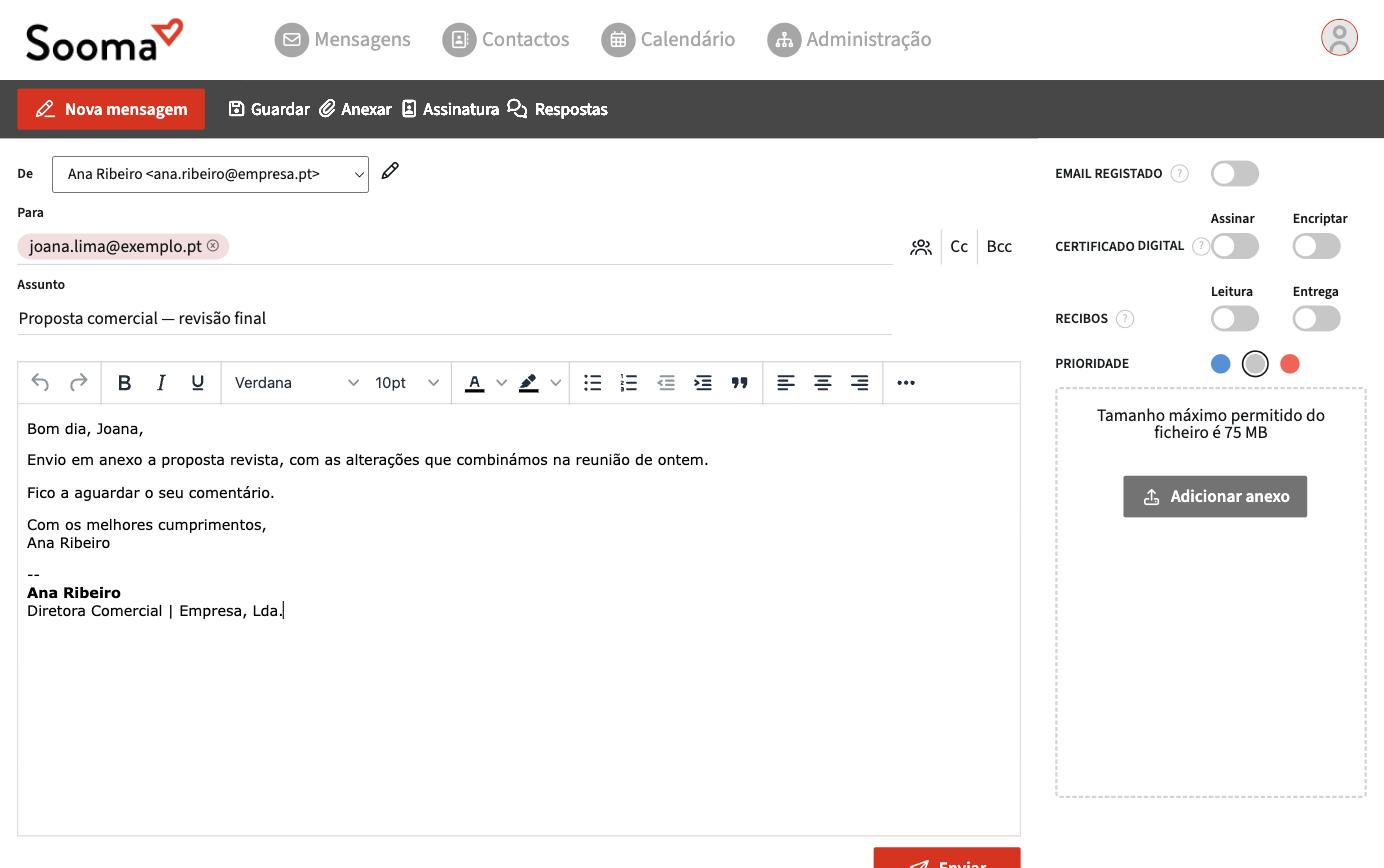 Janela de nova mensagem no webmail Sooma